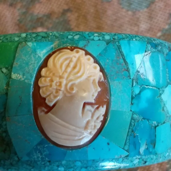 Unique Turquoise & Cameo Mosaic Bangle Bracelet - Picture 9 of 9